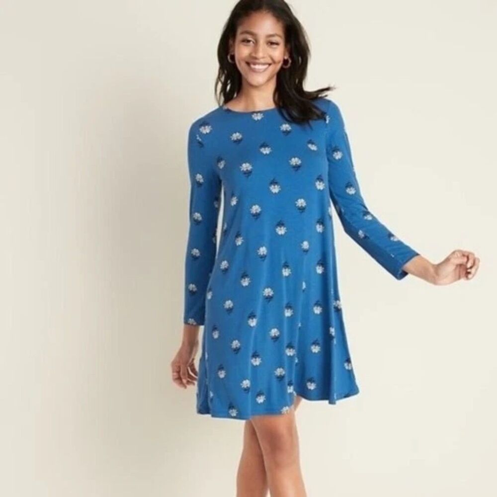 NWT Old Navy Blue Jersey Knit Swing Floral Print Dress Size XL